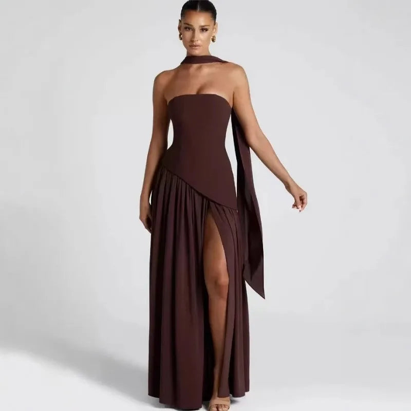 Summer Elegant Fashion Sexy Slit Backless Evening Party Ceremony Flowy Long Dresses For Women Dress With Scarf