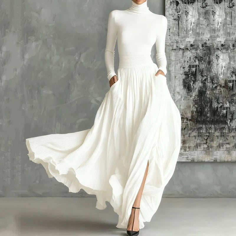 France Elegant Two Piece Skirt Set for Women's Pockets Solid Minimalist Split Hem Pleated A Line Vintage Turtleneck Slim Suits