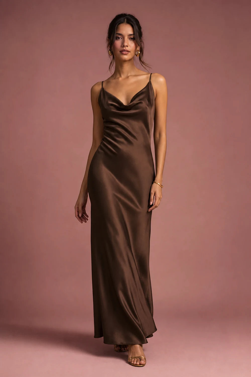 Cleo Satin Maxi Dress in Espresso